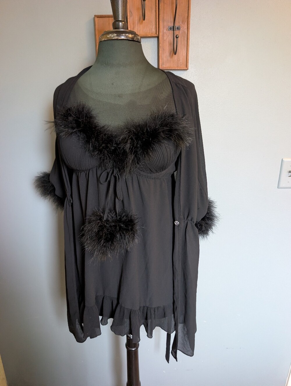 Black Feather-Trim Negligee and Robe Set By Seductivewear By Cinema